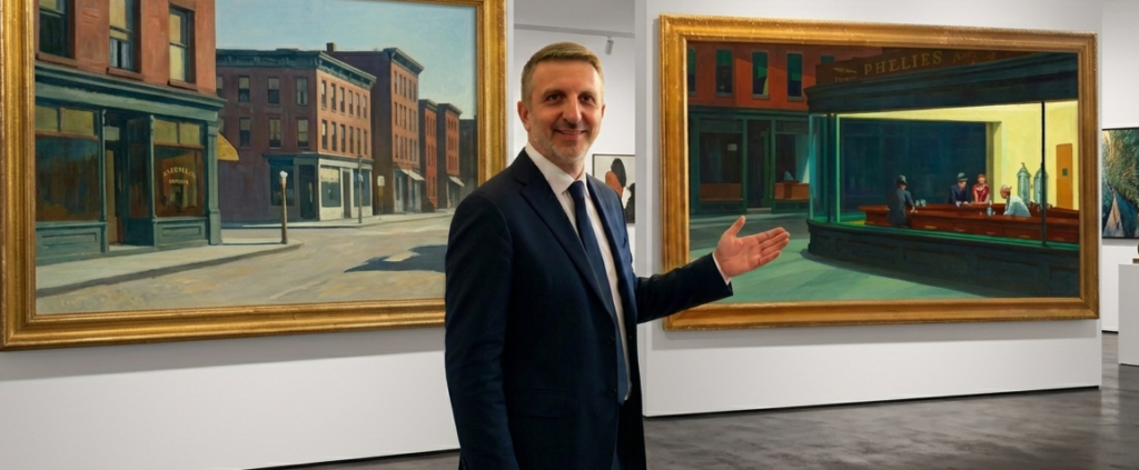 Fappanni accanto a copie d'autore di opere di Hopper